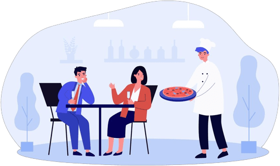 20230624092009 fpdl.in cook delivering pizza happy couple clients smiling man woman having dinner together italian restaurant chef serving customers fast food eating out flat vector cartoon illustra